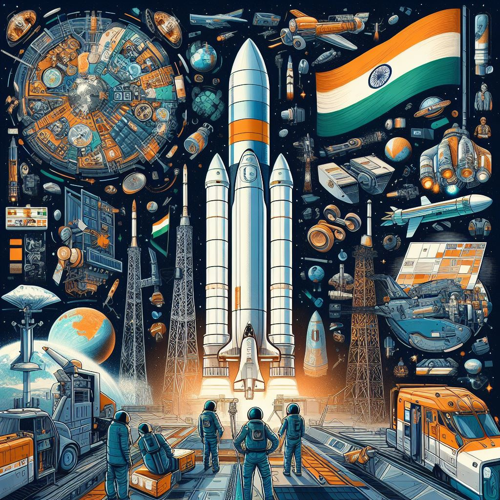 A cartoon illustration of a rocket with the Indian flag and the words “Gaganyaan Mission” on it, flying towards space as part of India’s first human spaceflight programme.