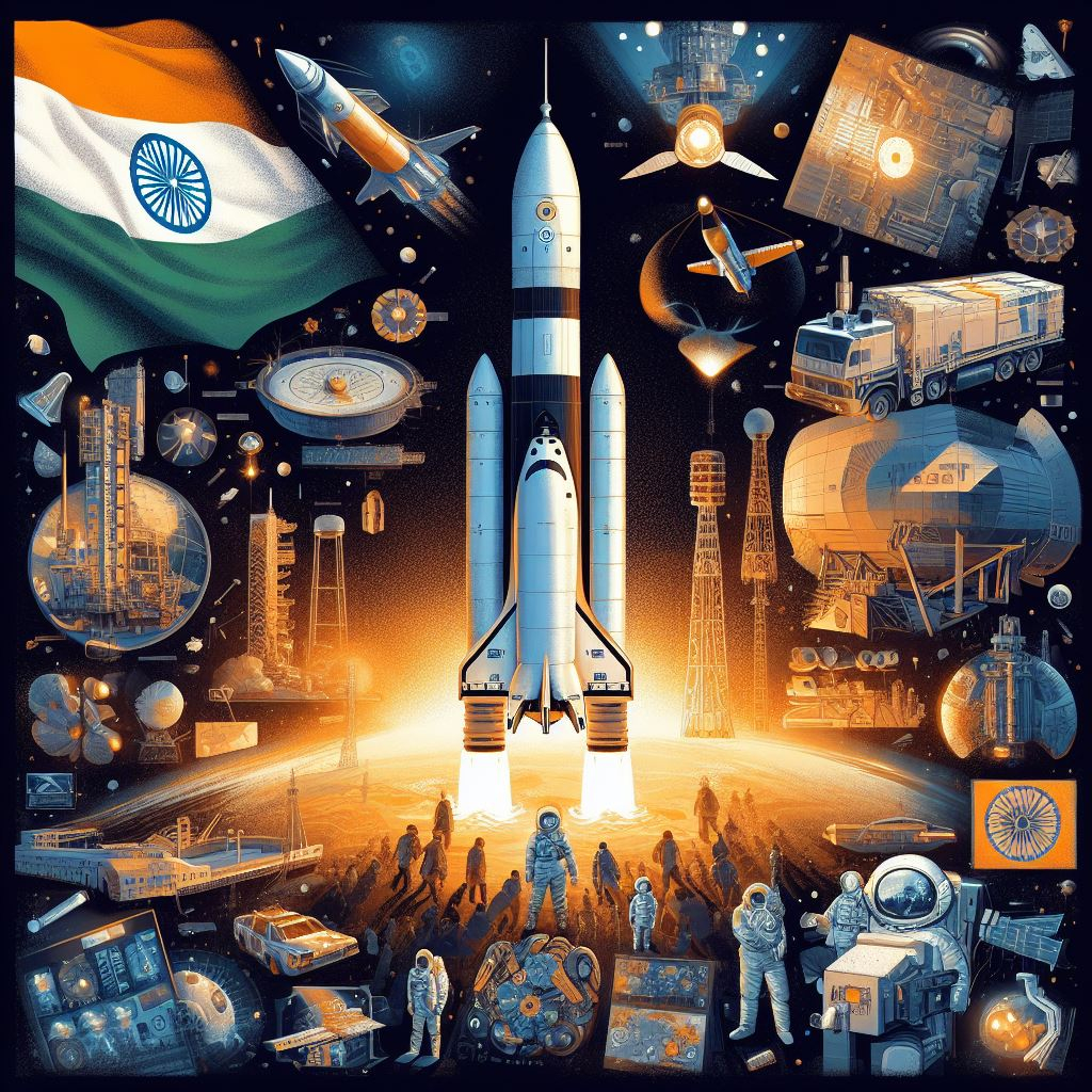 A cartoon illustration of a rocket with the Indian flag and the words “Gaganyaan Mission” on it, flying towards space as part of India’s first human spaceflight programme.