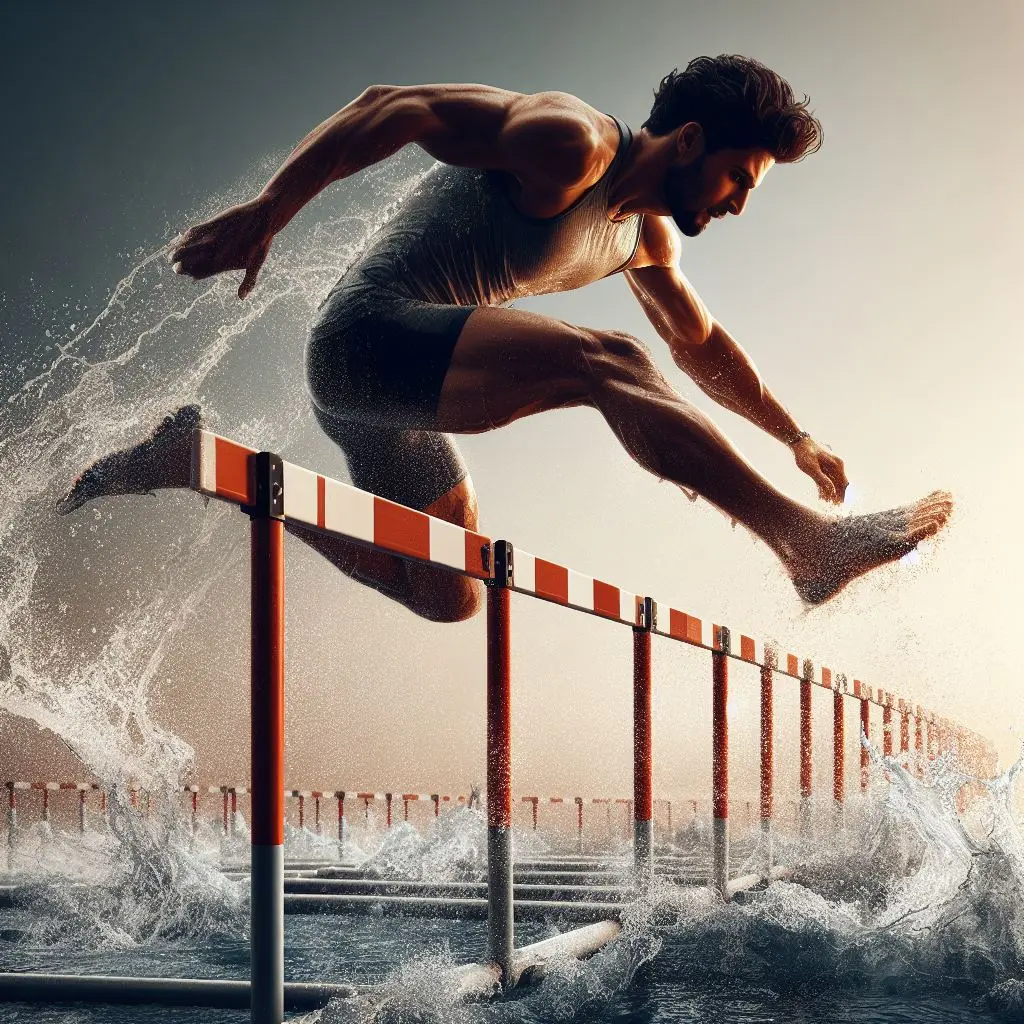 An image of Avinash Sable running over a hurdle in a steeplechase race.