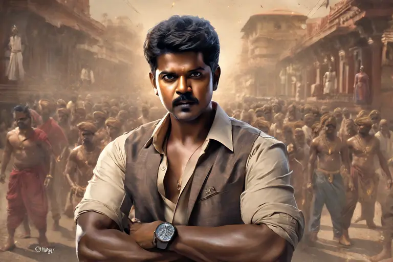 A collage of images showing Vijay as Leo and Arjun in different scenes and poses from the Leo Vijay movie