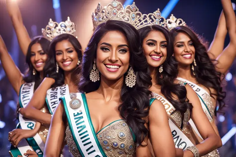 Shweta Sharda smiling with the Miss India Universe and Miss Universe crowns.