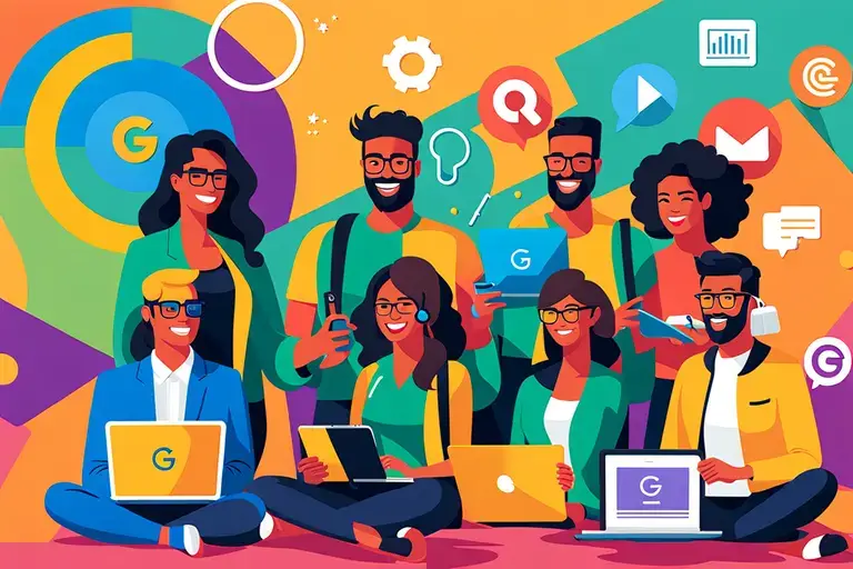 A photo of a group of people with laptops, tablets, smartphones, and headphones, with the words “Google Gemini” at the bottom.