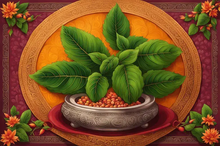Tulsi Pujan Diwas Painting of a Tulsi plant in a clay pot, sunlight shining on its leaves.