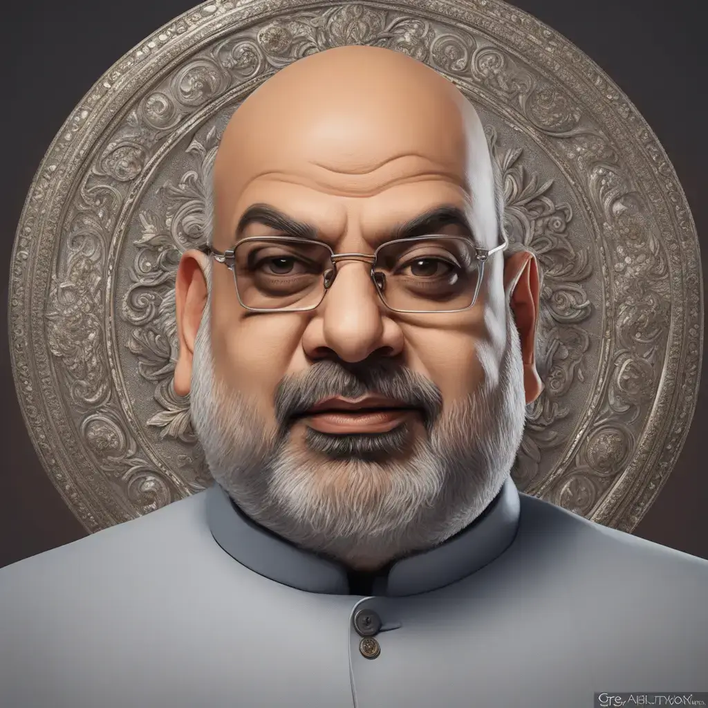 Amit Shah, close-up, home minister India, politician, BJP, Narendra Modi, strategic vision, reforms, cooperatives, computer art.