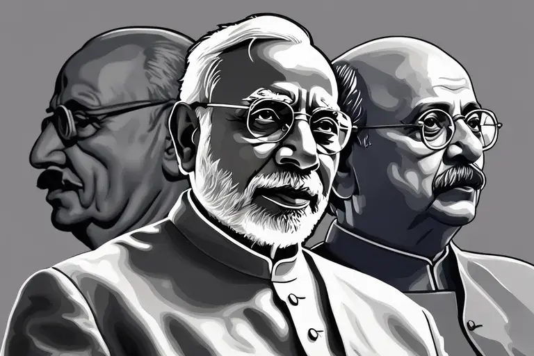 Narendra Modi, close-up, Prime Minister India, vision, leadership, Mahatma Gandhi, Indian Independence leaders, computer art. Republic day