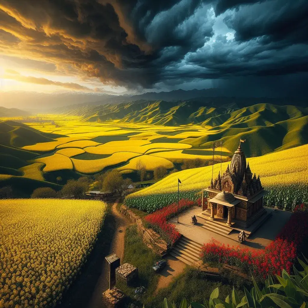 A vibrant Vasant Panchami landscape with yellow mustard fields surrounding a Hindu temple dedicated to Saraswati, the goddess of wisdom.