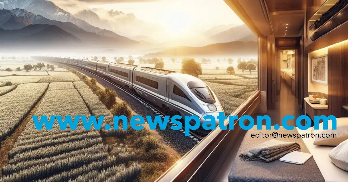 Modern Vande Bharat express train speeding through a picturesque countryside, symbolizing the convenient journey from Vapi to Ayodhya train.