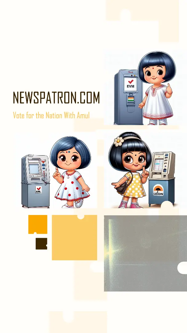Amul Girl mascot, in her polka-dot dress, stands proudly by an EVM after voting. Amul products