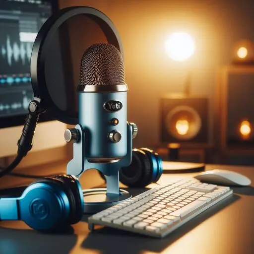 Blue Yeti microphone on a desk for podcasting or streaming. Blue yeti microphone review