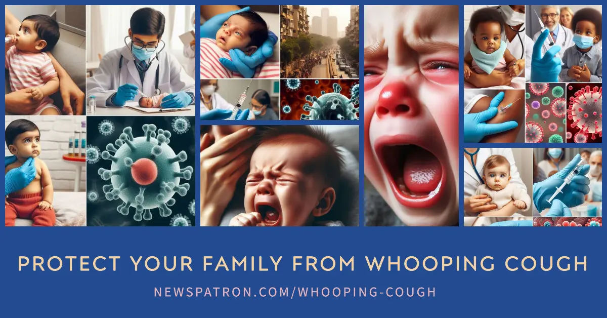 Infant coughing with red face and tear, highlighting the dangers of whooping cough.