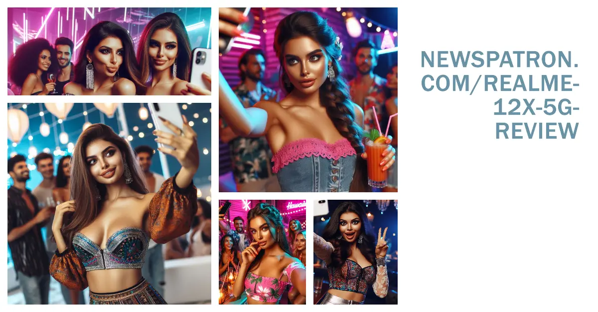 Women taking a selfie at a party with the Realme 12x 5G, free image for download