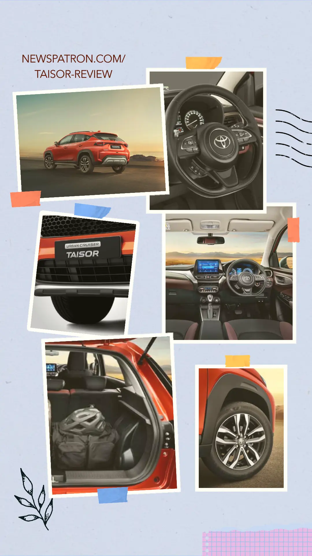 A collage showcasing the Toyota Taisor Review, design, interior, and versatility.