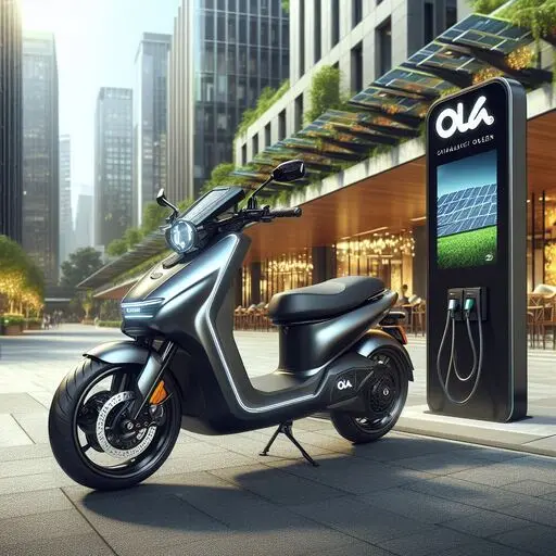 A riding an Ola Electric scooter on a city street. Ola electric scooters