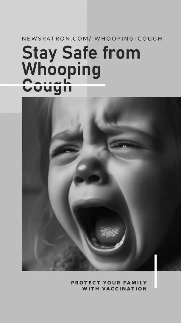 Infant coughing with red face and tear, highlighting the dangers of whooping cough.