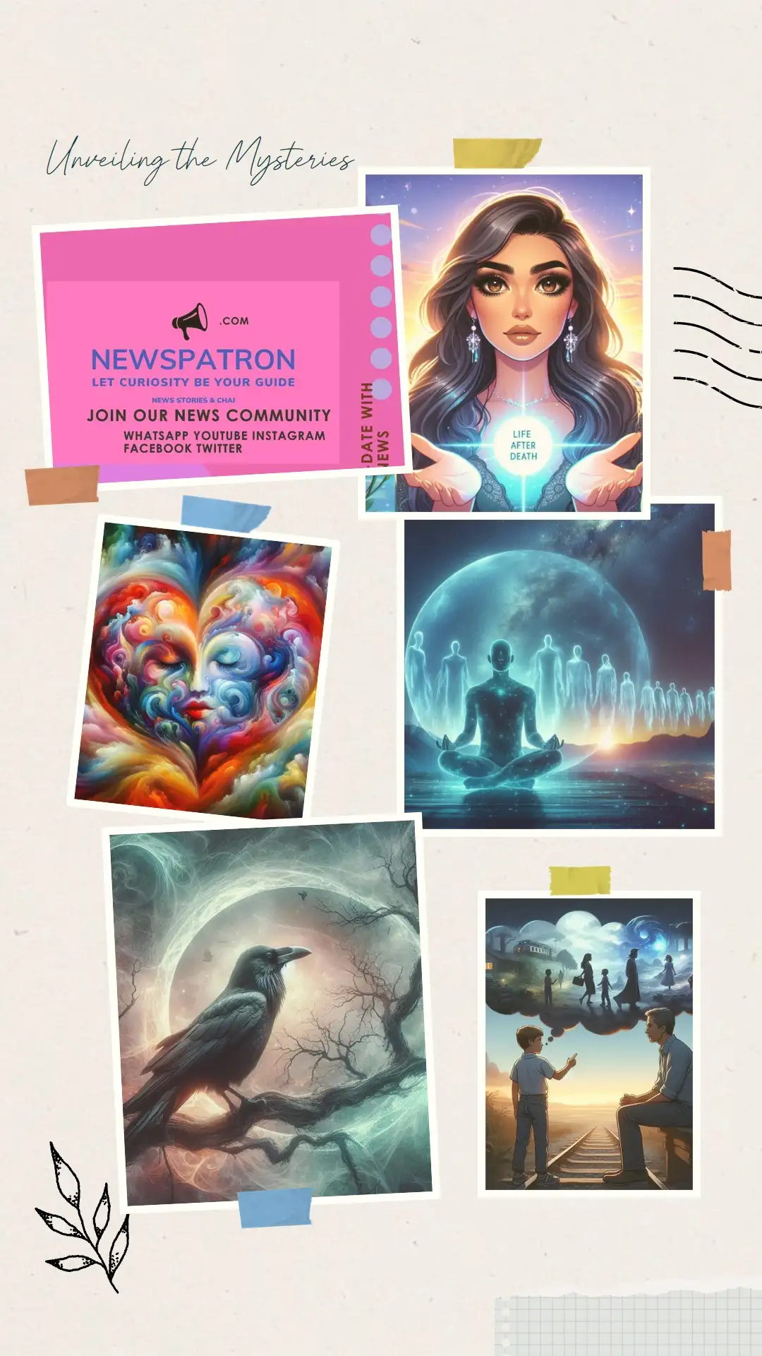 Collage representing life after death, the soul, karma, and emotions.