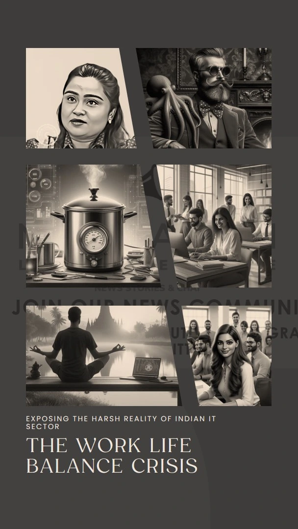 Collage of images representing work-life balance in Indian IT: work, relaxation, family, friends, hobbies.
