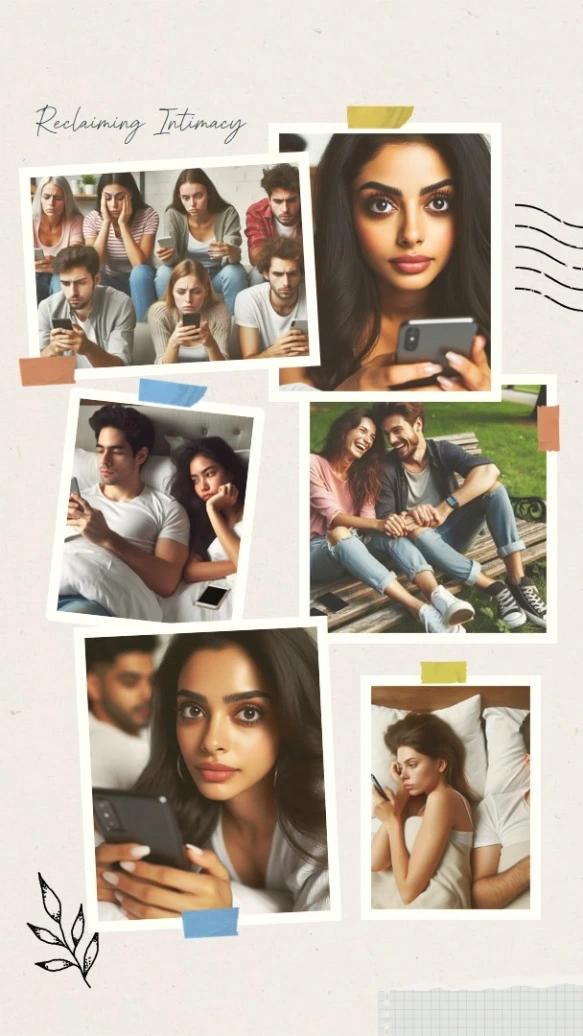 A photo collage exploring the impact of smartphone addiction on sex and relationships.