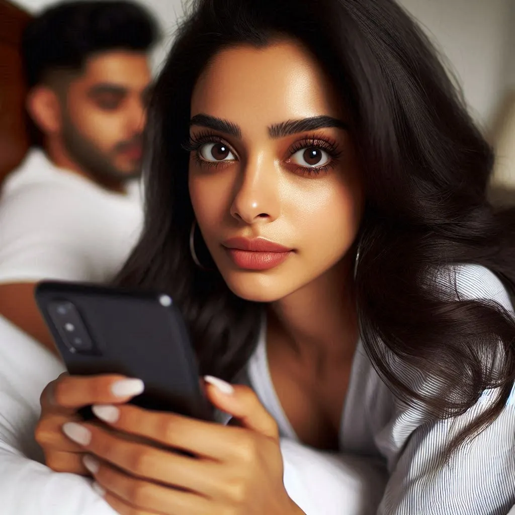 A couple lying in bed, backs turned to each other, both looking at their smartphones with bored expressions. Smartphone addiction and sex.