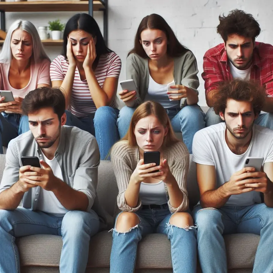 A diverse group of people scrolling through their smartphones and looking stressed or anxious. Smartphone addiction and mental health.