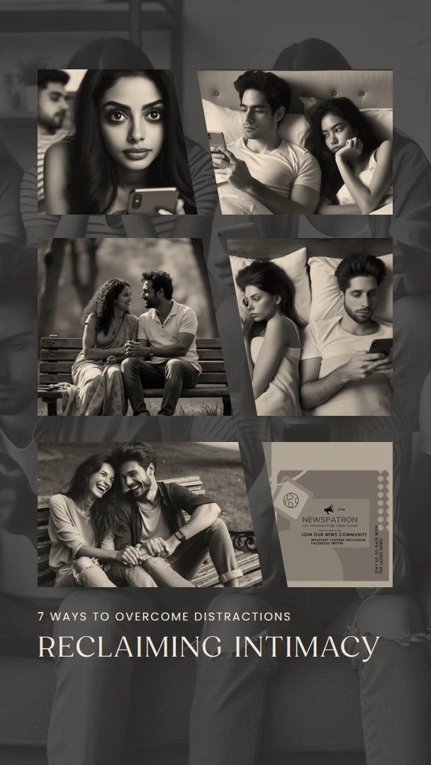 Collage of images depicting various aspects of smartphone addiction and its impact on sex and relationships.