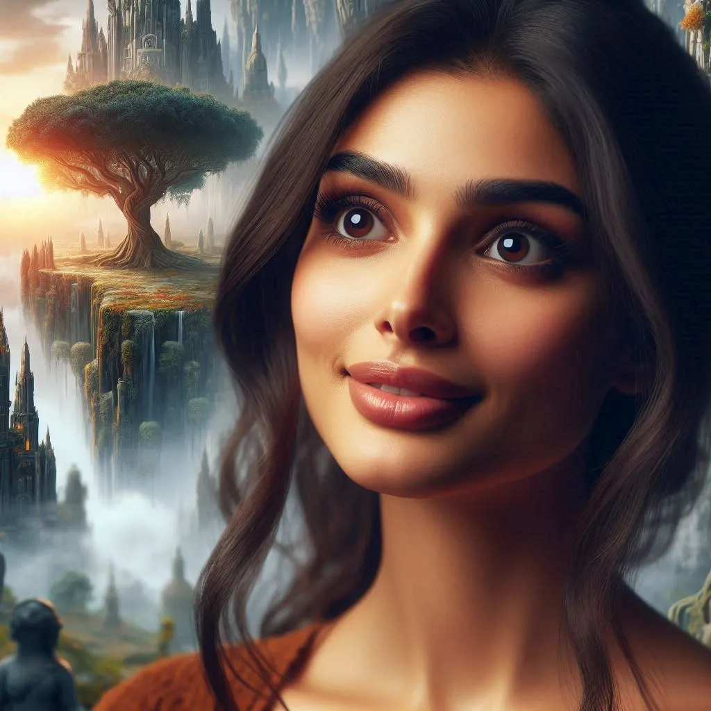 A photorealistic image of a woman standing in awe and wonder amidst the surreal and mysterious places around the world.