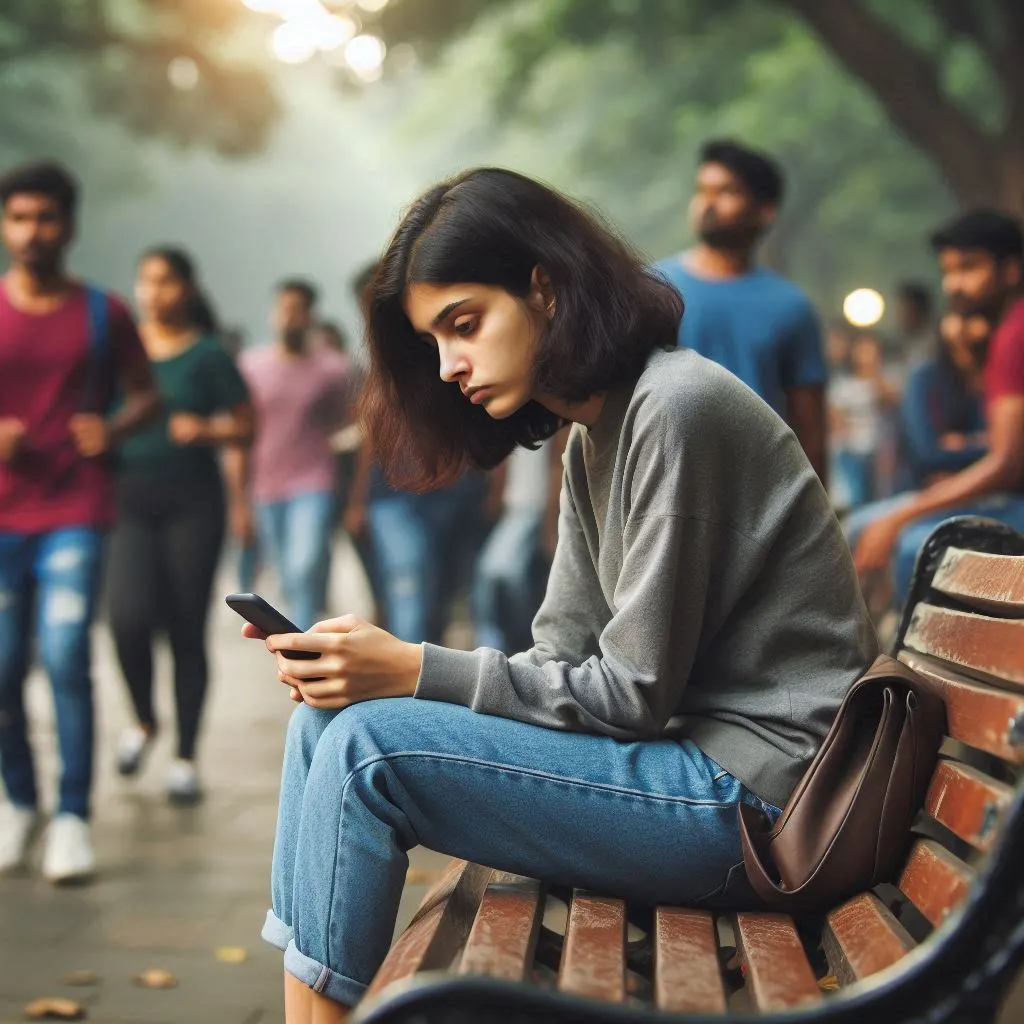 A young person feeling lonely in a crowd, highlighting the social disconnect affecting the mental health of youth in India.