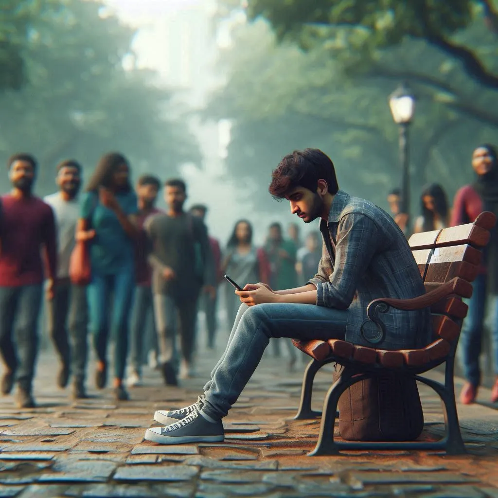 A young person feeling lonely in a crowd, highlighting the social disconnect affecting the mental health of youth in India.