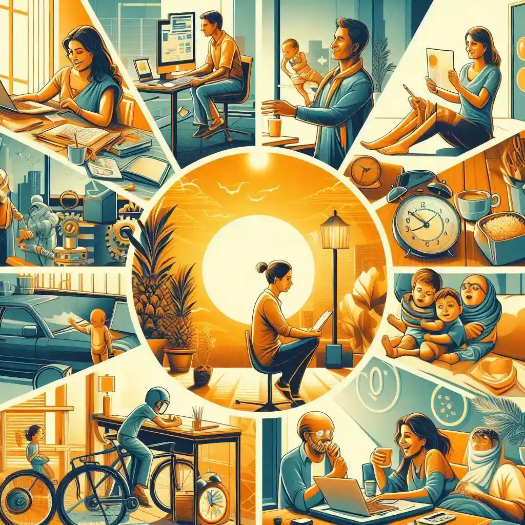 Collage of images representing work-life balance in Indian IT: work, relaxation, family, friends, hobbies.