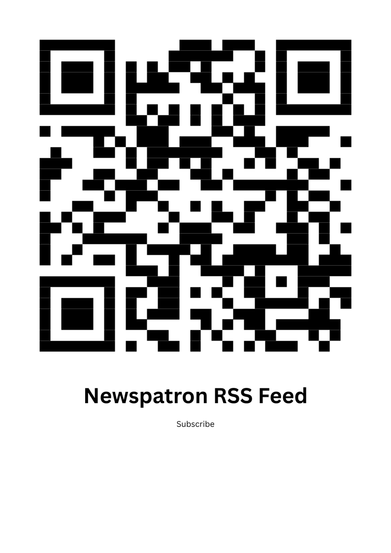 QR code that directs to the Newspatron RSS feed subscribe page at https://newspatron.com/feed/gn.