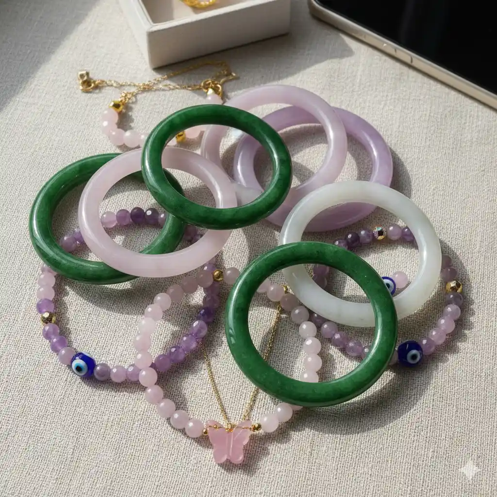 Jade bracelet collection featuring green, pink, purple, and white jade bangles and beaded bracelets, beautifully arranged to highlight a variety of jade jewelry styles and contemporary designs.
