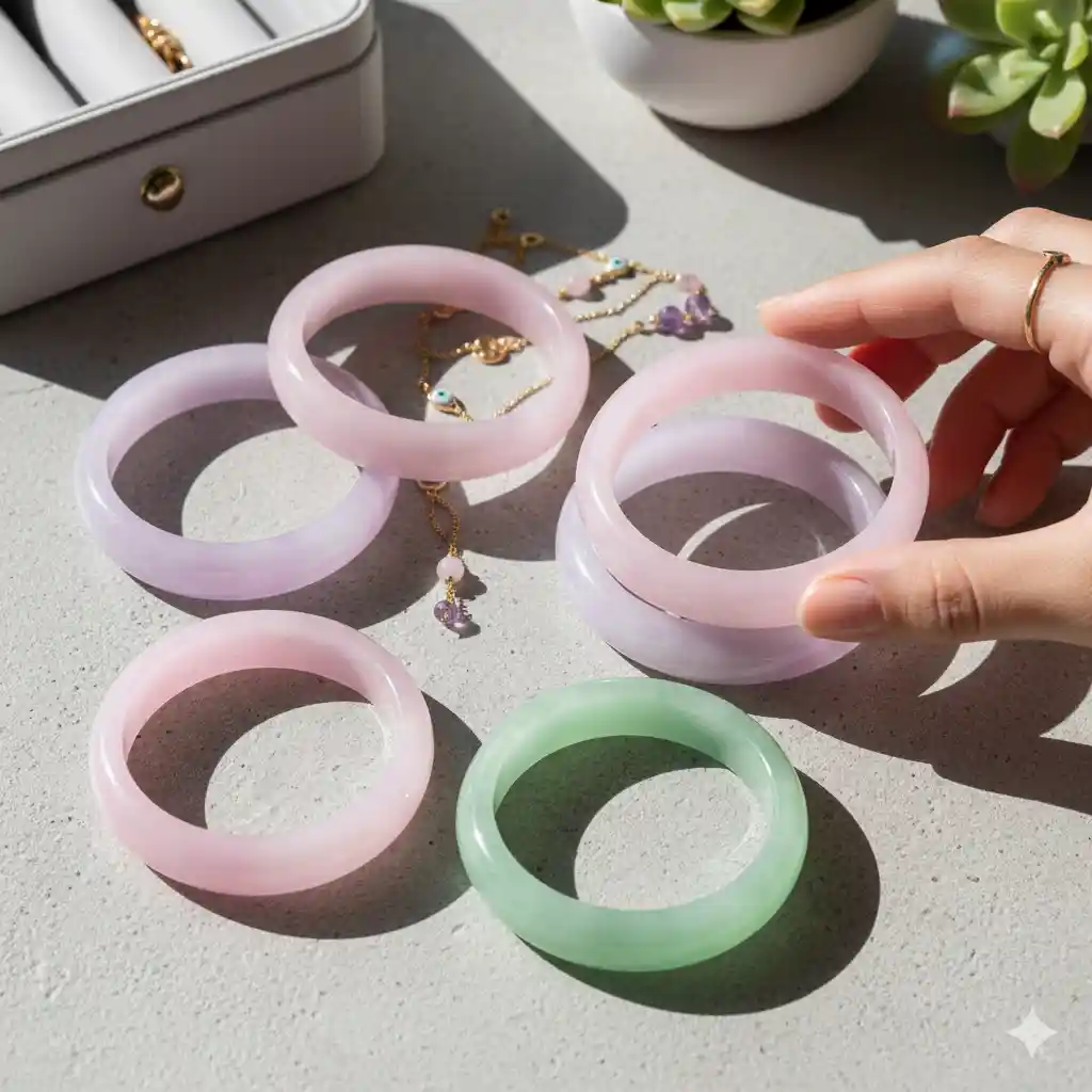 Jade bracelet shopping guide featuring pastel pink, lavender, and green jade bangles set with gold jewelry and accessories on a modern tabletop.