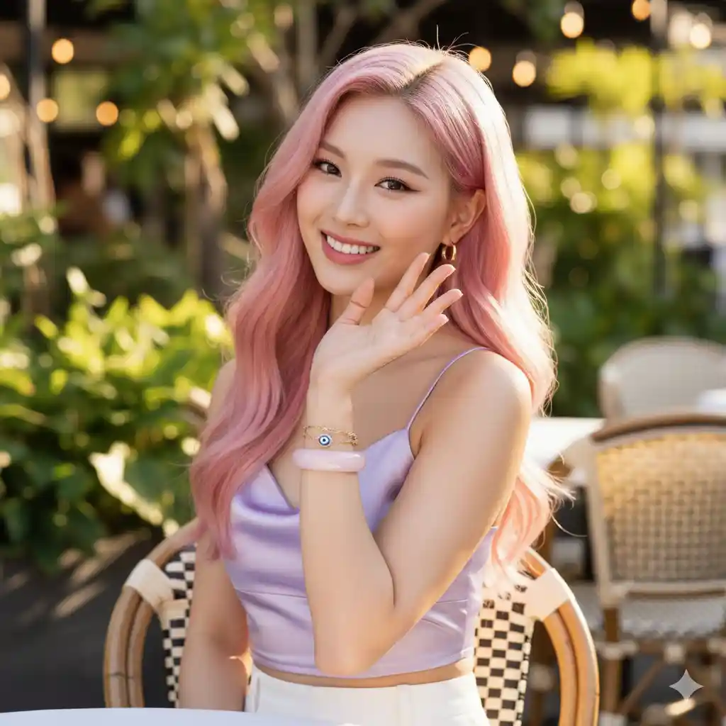 Jade bracelet trend featuring fashion model with pastel pink jade bangle and evil eye bead bracelet, highlighting influencer-inspired jewelry style.