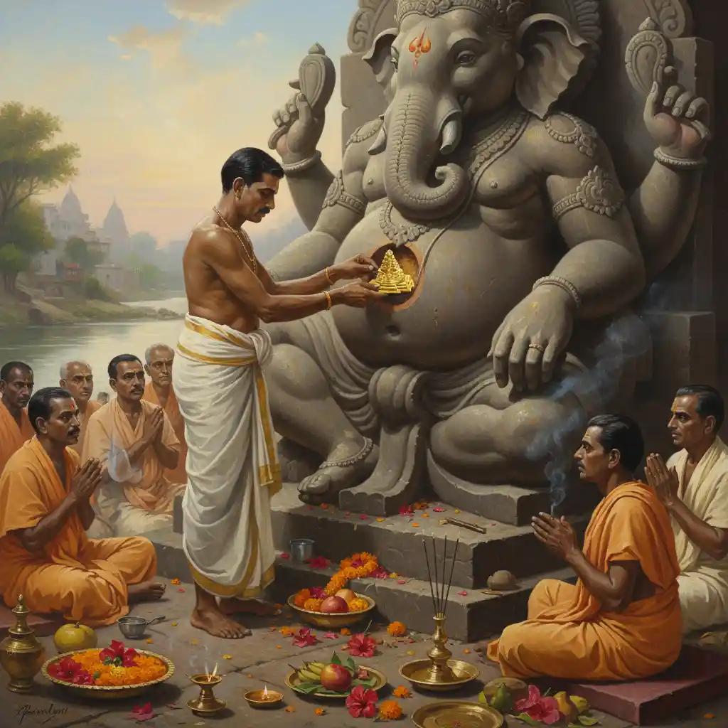 Dagdusheth Halwai Ganpati shri yantra installation ritual 1968: idol sculpting at Mula-Mutha