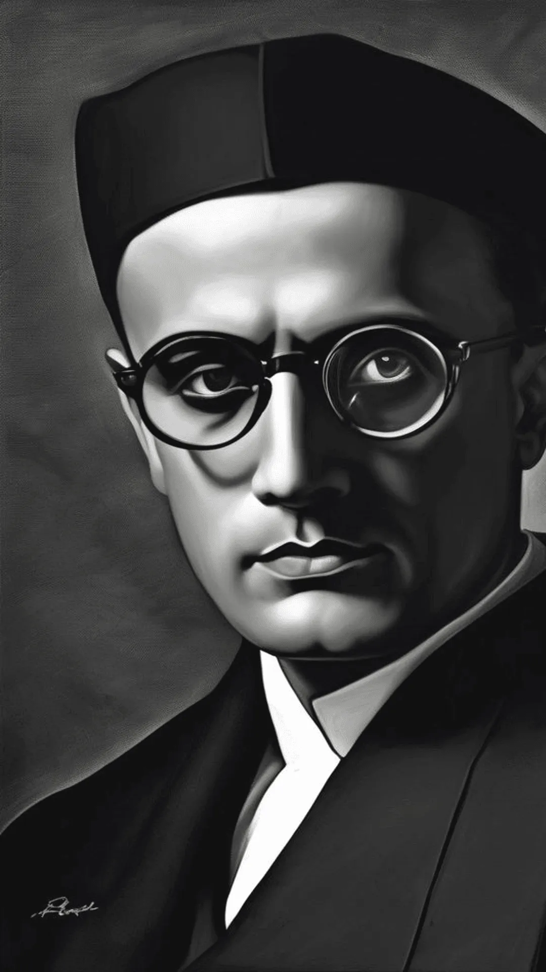 Close-up portrait of Veer Savarkar, a prominent Indian freedom fighter and ideologue.