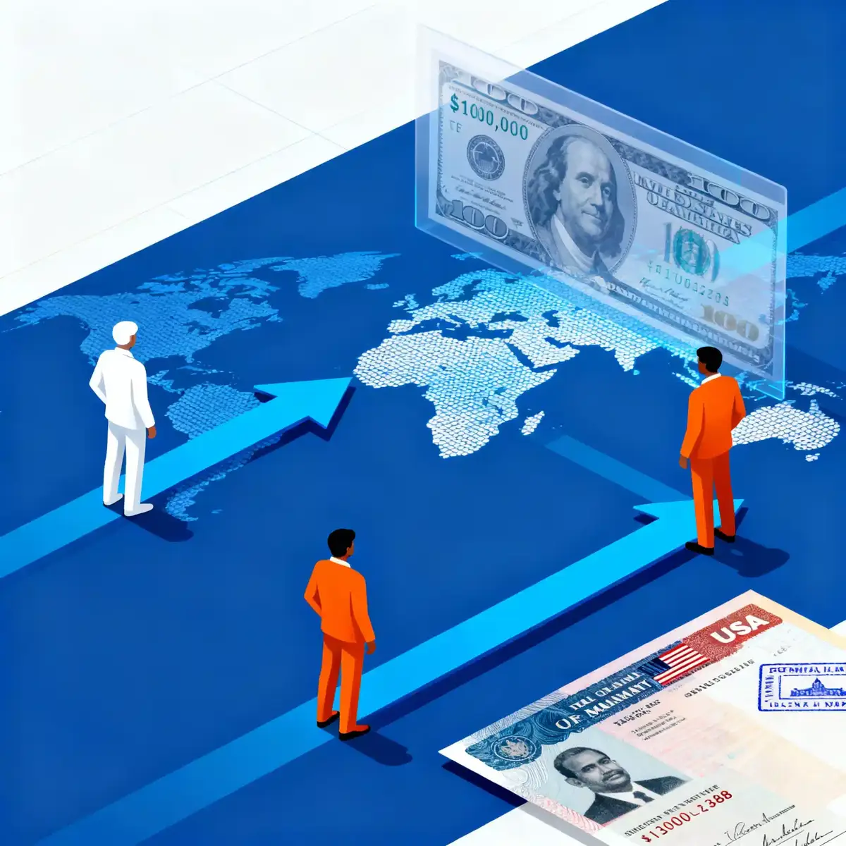 H1B visa fee hike visualized with migration arrows, international professionals, and a $100,000 bill blocking U.S. access.