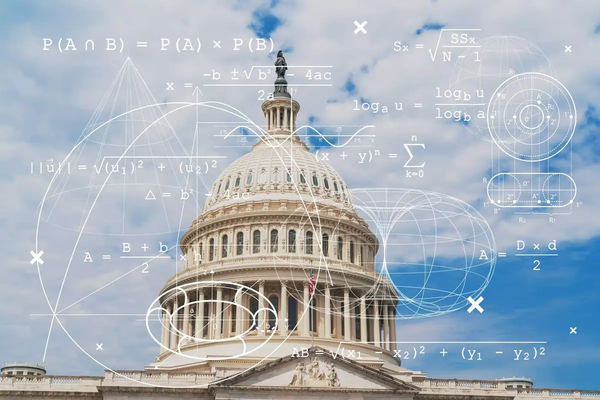 H1B visa fee hike symbolized by the U.S. Capitol dome with math and STEM formulas, reflecting global migration policy impact.