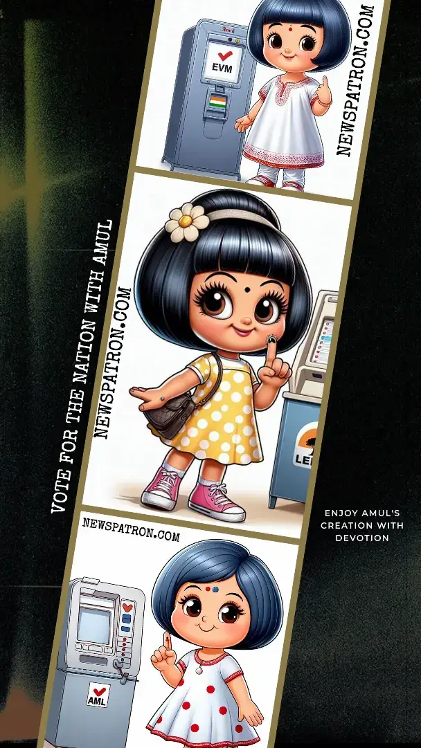 Amul Girl mascot, in her polka-dot dress, stands proudly by an EVM after voting. Amul products