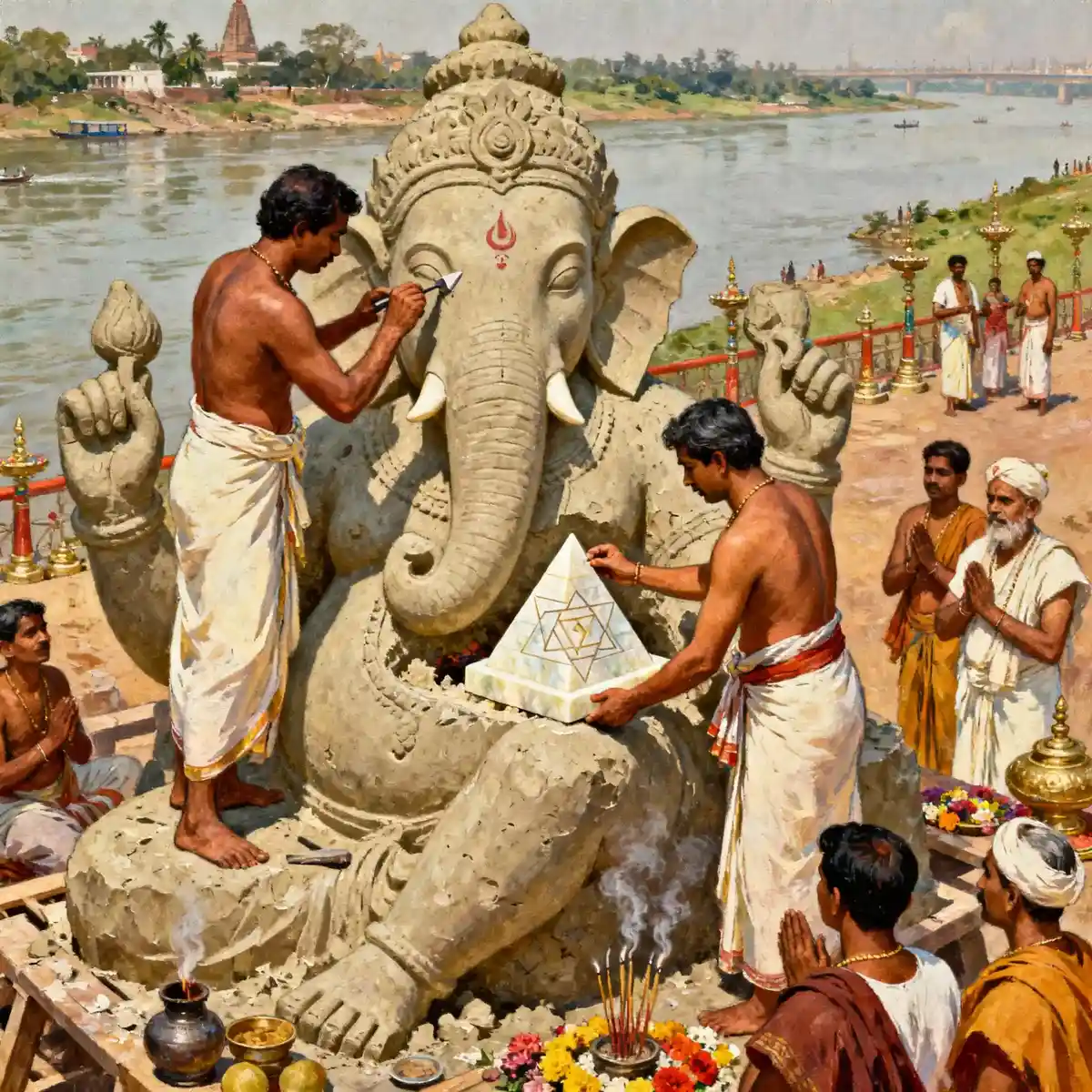 Sculptors installing Shri Yantra inside Dagdusheth Halwai Ganpati idol during its 1968 creation on the riverbank, with rituals and devotees present