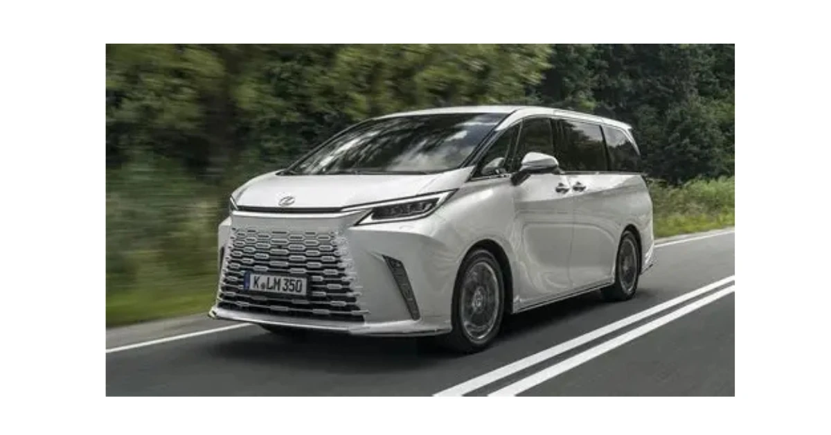 Lexus LM350h white luxury hybrid MPV driving on road in India, front and side view