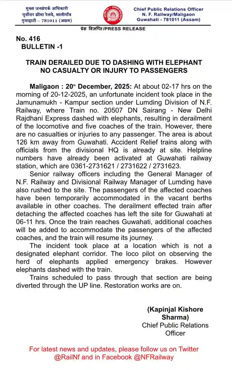 Official communication regarding the diversion and restoration of rail services.
