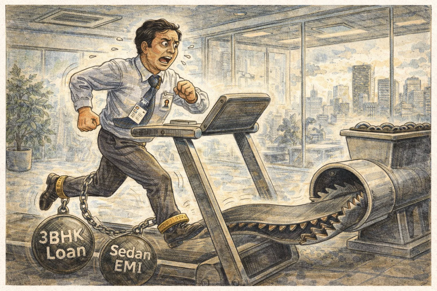 Satirical cartoon of an IT professional running on a treadmill that turns into a meat grinder, weighed down by EMI chains.