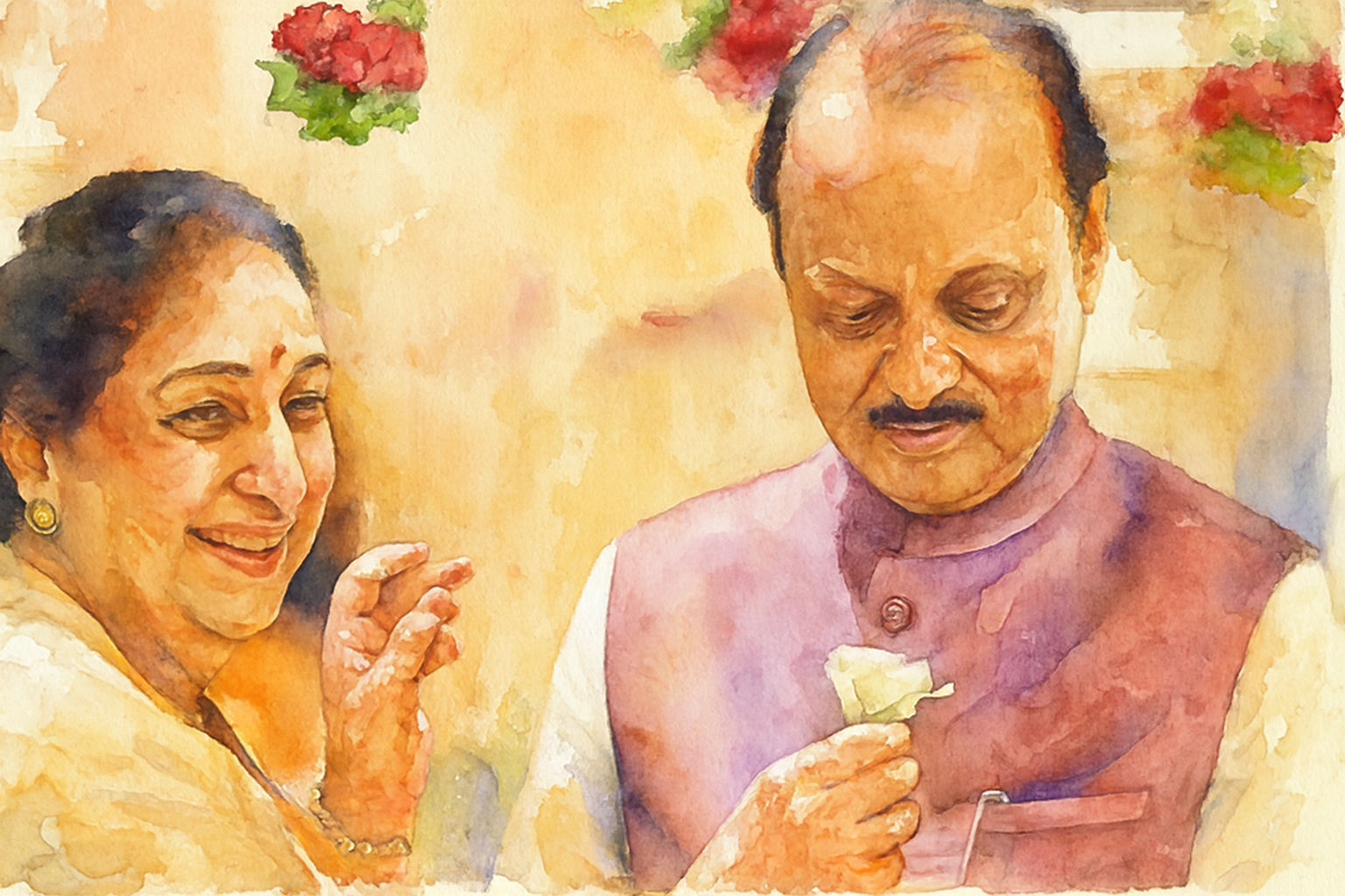 Sunetra Pawar giving rose to Ajit Pawar