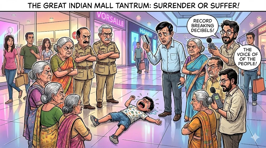 A satirical cartoon showing a screaming toddler throwing child tantrums on a shopping mall floor while embarrassed parents look on.