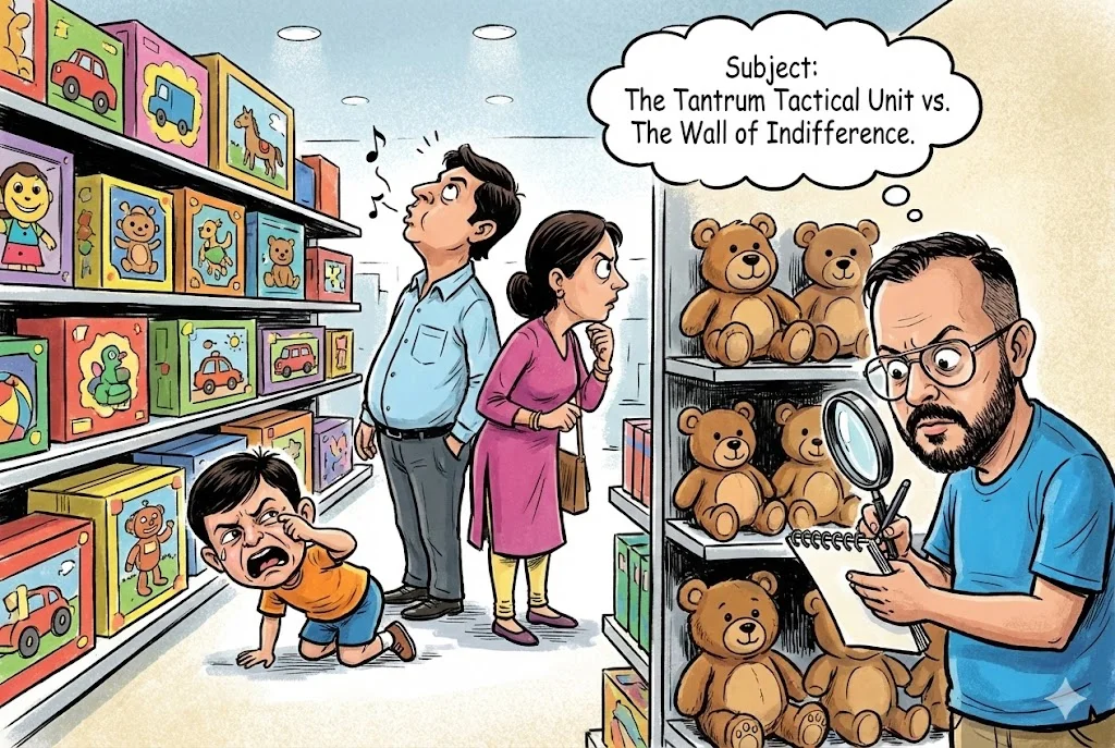 Parents practicing the active ignoring technique to manage child tantrums in a toy store.
