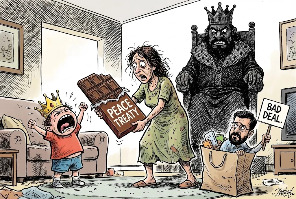 A mother handing chocolate to a screaming child to stop child tantrums, symbolizing loss of parental authority.
