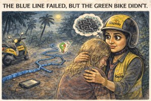 Sindhu details in The Blue Line Failed, But The Green Bike Didn’t: How a Rapido Driver in Goa Echoed the Heroism of an Iowa Delivery Veteran