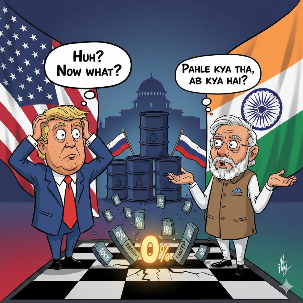 Trump India tariff chess geopolitical illustration