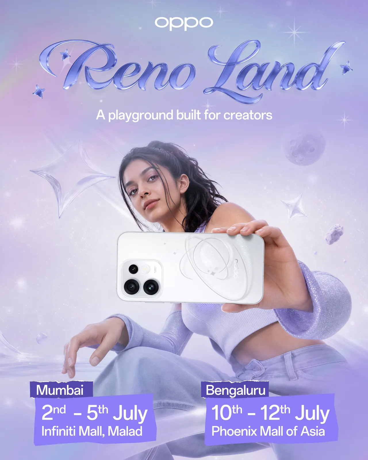 Oppo Reno 16 mall launch activity poster for Mumbai and Bengaluru