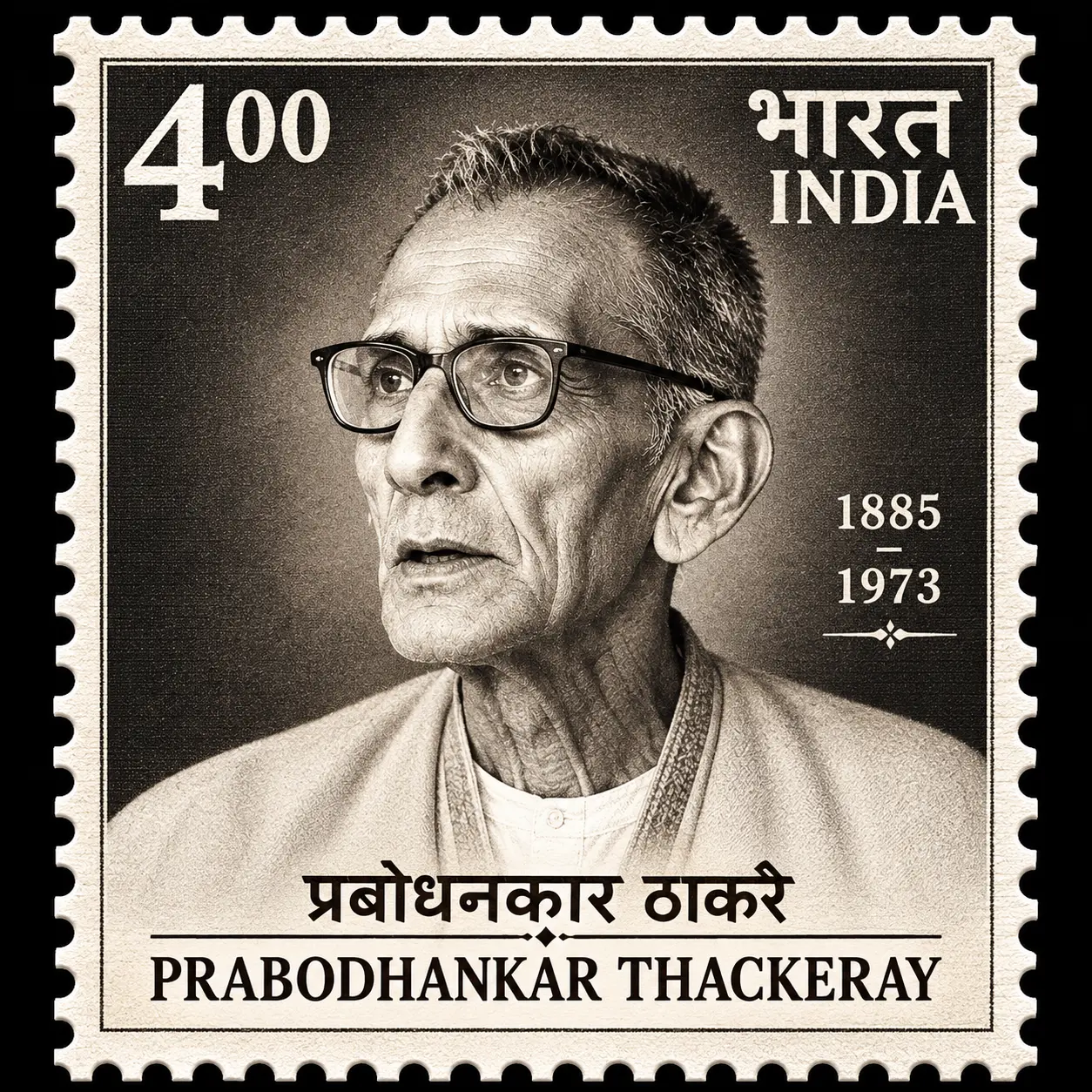 AI-generated vintage commemorative stamp design featuring Prabodhankar Thackeray.