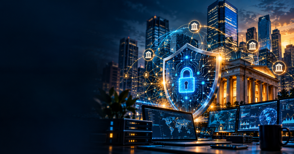 A digital cybersecurity shield protecting a financial district from AI-enabled cyber threats